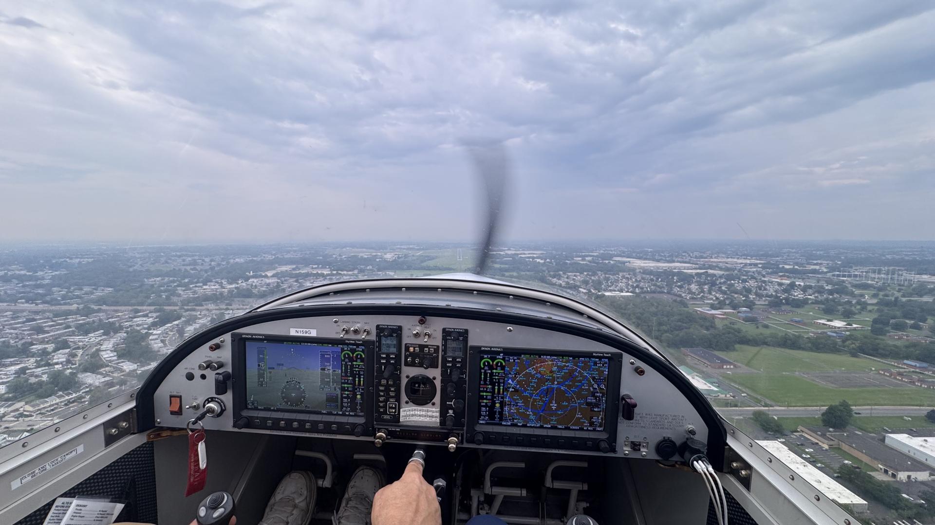 View over the Alto N159G cockpit on approach to Northeast Philadelphia Airport