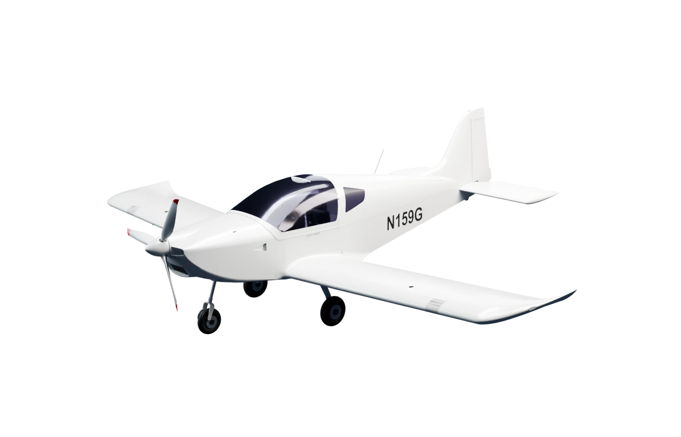 Three-quarter view of the white N159G aircraft